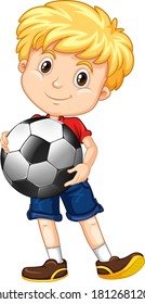 Cute youngboy cartoon character holding football illustration