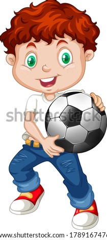 Cute youngboy cartoon character holding football illustration