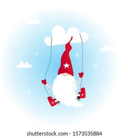 Cute yule gnome riding on a swing on cloud. Funny character for winter card, poster, print background. Vector Illustration
