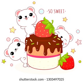 Cute yummy card in kawaii style. Lovely polar bears with strawberry cake with chocolate. Inscription So sweet. EPS8