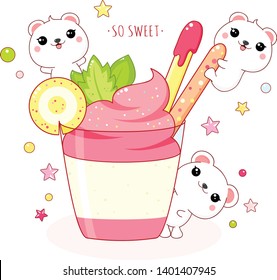 Cute yummy card in kawaii style. Lovely polar bears with strawberry ice cream. Inscription So sweet. EPS8