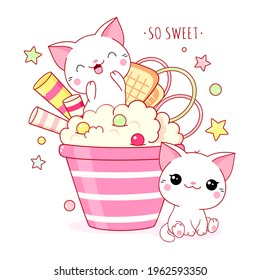 Cute yummy card in kawaii style. Two lovely cats with ice cream. Inscription So sweet. Vector illustration EPS8