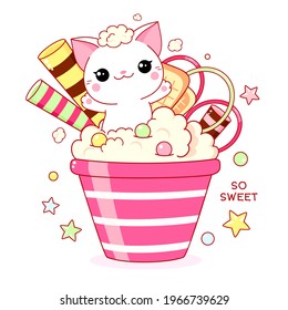 Cute yummy card in kawaii style. Lovely little cat with ice cream. Inscription So sweet. Vector illustration EPS8