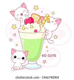 Cute yummy card in kawaii style. Three lovely cats with mint cocktail. Inscription So cute. Vector illustration EPS8