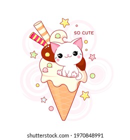 Cute yummy card in kawaii style. Lovely cat with ice cream. Inscription So cute. Can be used for t-shirt print, stickers. Vector illustration EPS8