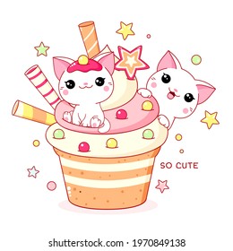 Cute yummy card in kawaii style. Two lovely cats with cupcake. Inscription So cute. Can be used for t-shirt print, stickers design. Vector illustration EPS8