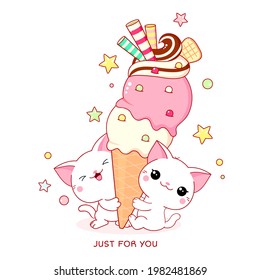 Cute yummy card in kawaii style. Two lovely white cats with ice cream. Inscription So sweet. Vector illustration EPS8