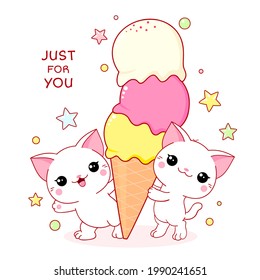 Cute yummy card in kawaii style. Two lovely white cats with ice cream. Inscription Just for you. Vector illustration EPS8