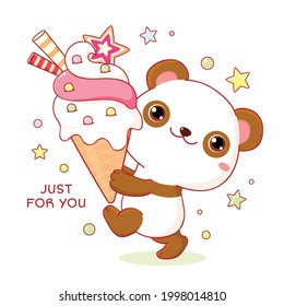 Cute yummy card in kawaii style. Lovely little panda with ice cream. Inscription Just for you. Can be used for t-shirt print, stickers. Vector illustration EPS8