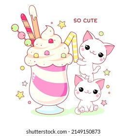 Cute yummy card in kawaii style. Two lovely cats with milk shake. Inscription So cute. Vector illustration EPS8