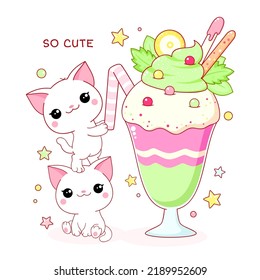 Cute yummy card in kawaii style. Two lovely cats with milk shake. Inscription So cute. Vector illustration EPS8