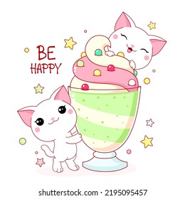 Cute yummy card in kawaii style. Two lovely cats with milk shake. Inscription Be happy. Vector illustration EPS8