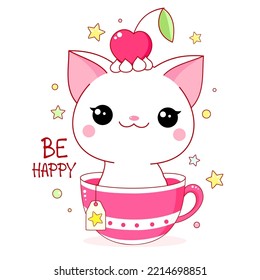 Cute yummy card in kawaii style. Lovely cat with cherry in cup. Inscription Be happy. Vector illustration EPS8