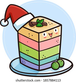 Cute and yummy colorful rectangle cake wearing Santa's hat for Christmas