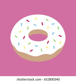 Cute yummy donut with white icing and colorful sprinkles. Doughnut dessert vector illustration doodle cartoon drawing with pink mauve background.