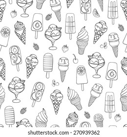 Cute and yummy seamless pattern with different types of ice cream. Vector texture with sweet desserts. Perfect background for cafe or restaurant menu.