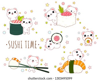 Cute yummy set in kawaii style. Lovely polar bears with japanese seafood - sushi and roll. Inscription So sweet. EPS8