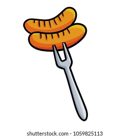 Cute and yummy two sausages with fork - vector.