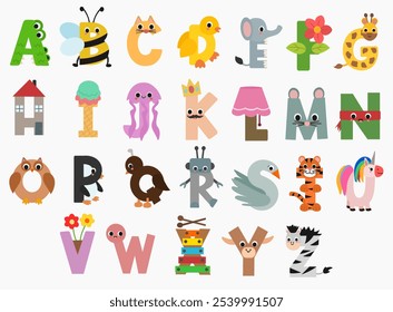 Cute A to Z Alphabet letters in different forms including animals and objects for kids