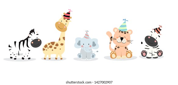 Cute zafari character with friend. Vector illustration for birthday invitation,postcard and sticker