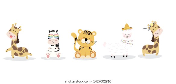 Cute zafari character with friend. Vector illustration for birthday invitation,postcard and sticker