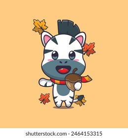 Cute zebra with acorns at autumn season. Mascot cartoon vector illustration suitable for poster, brochure, web, mascot, sticker, logo and icon.