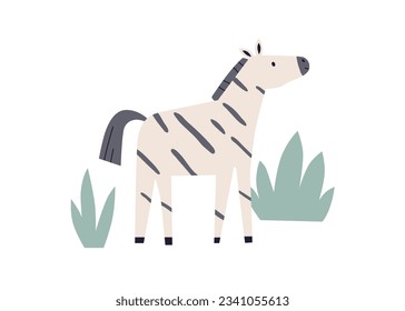 Cute zebra. African jungle animal in Scandinavian style. Adorable sweet funny kawaii tropical striped mammal, baby character. Kids Scandi flat vector illustration isolated on white background