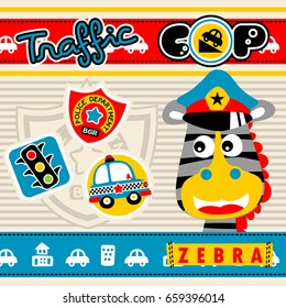 Cute zebra the animal cop with traffic elements on striped background, vector cartoon illustration
