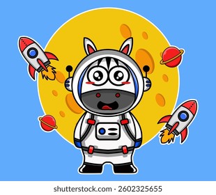 Cute Zebra Astronaut Exploring Space with Rockets and Planets in Front of a Big Yellow Moon, Vector Illustration.