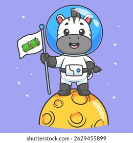 Cute Zebra Astronaut Holding Grass Flag On Moon Cartoon Vector Icon Illustration. Animal Science Icon Concept Isolated Premium Vector. Flat Cartoon Style