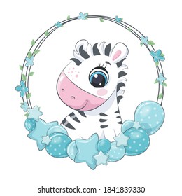 Cute zebra with balloon and wreath. Vector illustration for baby shower, greeting card, party invitation, fashion clothes t-shirt print.