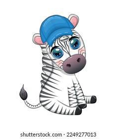 Cute zebra in a beach hat, childish character. Animal in summer clothes. Summer holidays, vacation.