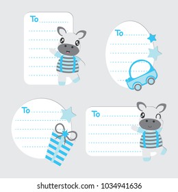 Cute zebra boy and birthday elements vector cartoon illustration for Birthday gift tags design, postcard and sticker set