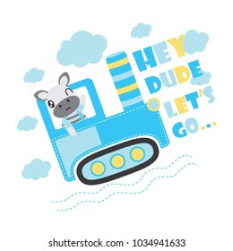 Cute zebra boy drives tractor car vector cartoon illustration for Kid t-shirt background design, postcard, and wallpaper