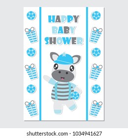 Cute zebra boy on gift border vector cartoon illustration for baby shower card design, postcard, and wallpaper