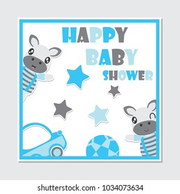 Cute zebra boy and toys frame vector cartoon illustration for baby shower card design, postcard, and wallpaper