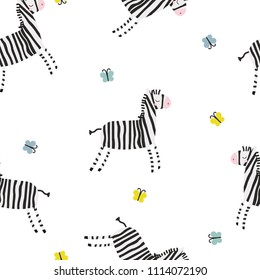 Cute zebra and butterflies seamless pattern. Vector hand drawn illustration.