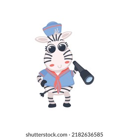 Cute zebra captain with spyglass cartoon character, flat vector illustration isolated on white background. Funny adorable zebra sailor for kids prints and clothing.