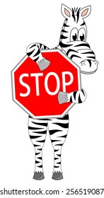 Cute zebra caricature standing and holding up a red sign with text stop. funny cartoon mascot design, vector art image illustration, isolated on white background