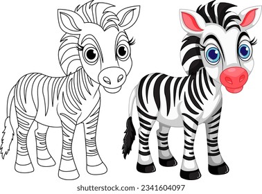 Cute Zebra cartoon animal and its doodle coloring character illustration