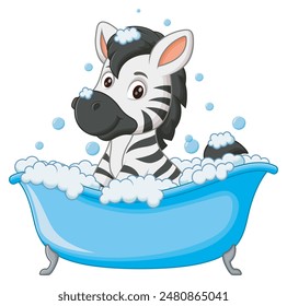 Cute Zebra Cartoon Bathing In Bathtub. Animal Nature Icon Concept Isolated Premium Vector. Vector Illustration