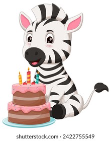 Cute Zebra Cartoon with Birthday Cake Vector Illustration. Animal Nature Icon Concept Isolated Premium Vector