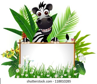 cute zebra cartoon with blank sign and tropical forest background