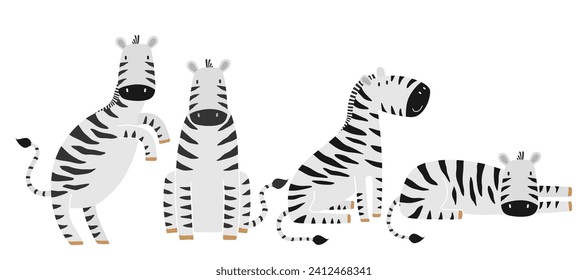 Cute zebra cartoon character flat vector illustrations set.