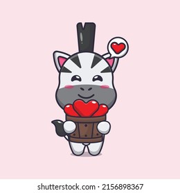 cute zebra cartoon character holding love in wood bucket