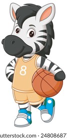 Cute Zebra Cartoon Playing Basketball. Animal Nature Icon Concept Isolated Premium Vector. Vector Illustration