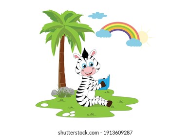 cute zebra cartoon reading a book