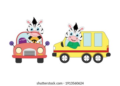 cute zebra cartoon ride a car