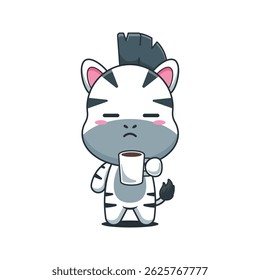 Ilustração de vetor de desenhos animados de zebra bonito está cansado e sonolento segurando café