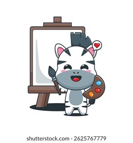 Cute zebra cartoon vector illustration wants to paint on canvas